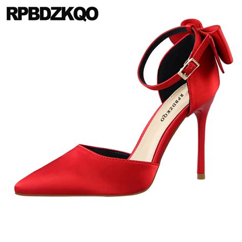 Super décolleté scarpe da donna con tacchi alti in raso rosso cinturino alla caviglia vino