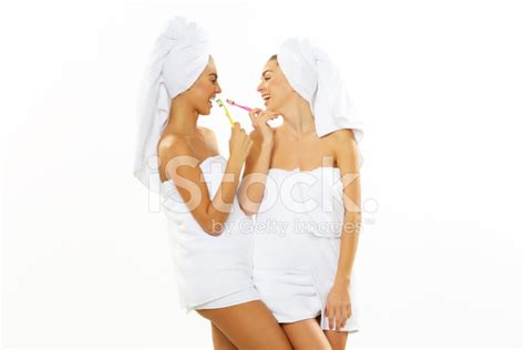 Girlfriend Brush Their Teeth After Shower Stock Photo Royalty Free