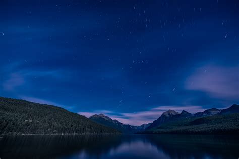 Calm Water Between Two Mountains Under The Blue Starry
