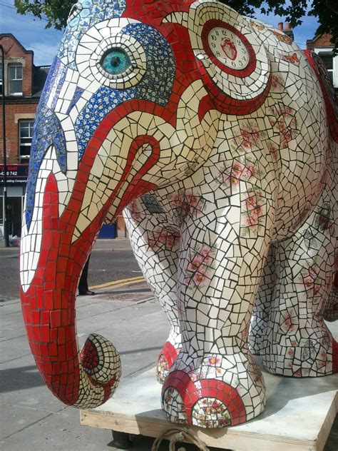 Elephant Mosaic Sculpture Red White And Blue Glass Mosaic Art