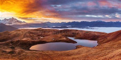 Sunset On Mountain Lake Koruldi Upper Svaneti Georgia Europe Stock