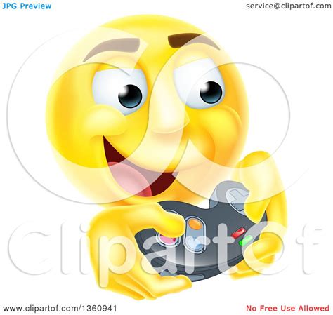 Clipart Of A 3d Yellow Male Smiley Emoji Emoticon Face Playing A Video