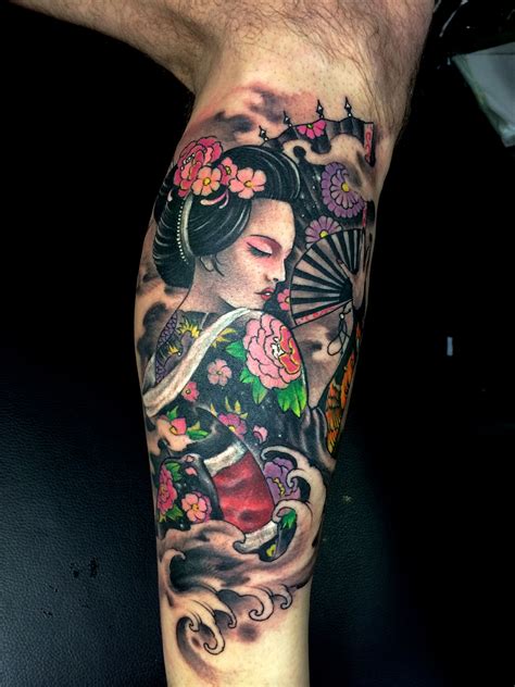 Color Geisha Calf Tattoo Shanghaitattoo Geisha Tattoo Tattoos Sleeve Tattoos