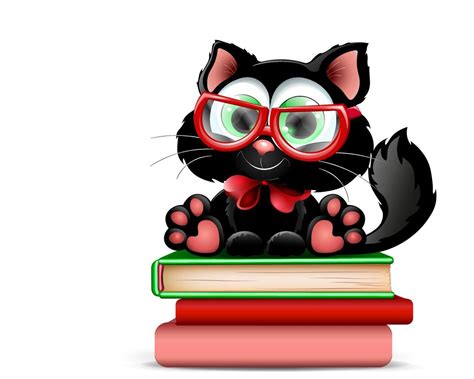 cute black cartoon cat nerd on sitting the books in glasses with red bow 6968261 vector art at