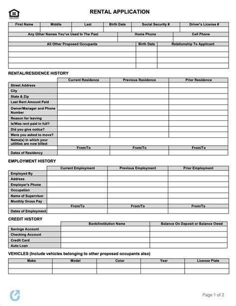 Printable Simple Rental Application Form