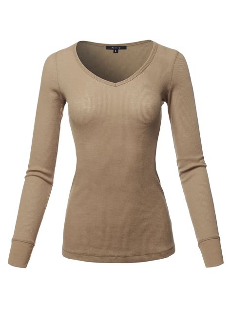 A2y A2y Womens Basic Solid Long Sleeve V Neck Fitted Thermal Top