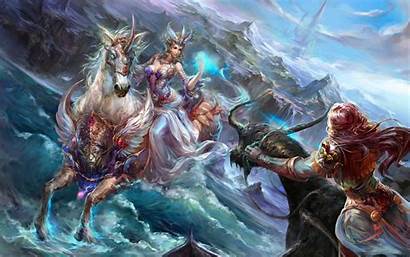 Dragon Elf Unicorn Horse Sea Castle Rocks