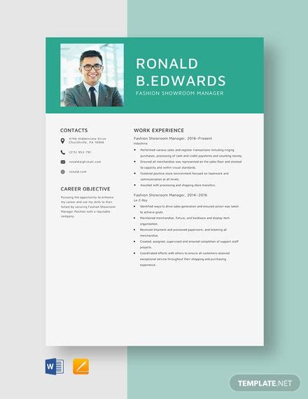 There are many cv writing formats where people write curriculum vitae, but i think, you can do without it. Fashion Showroom Manager Resume Template - Word (DOC) | Apple (MAC) Pages. | Template.net
