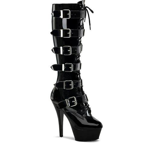 Pleaser Womens Black Patent Boots Goth Lace Up Buckle Strap Boot Knee