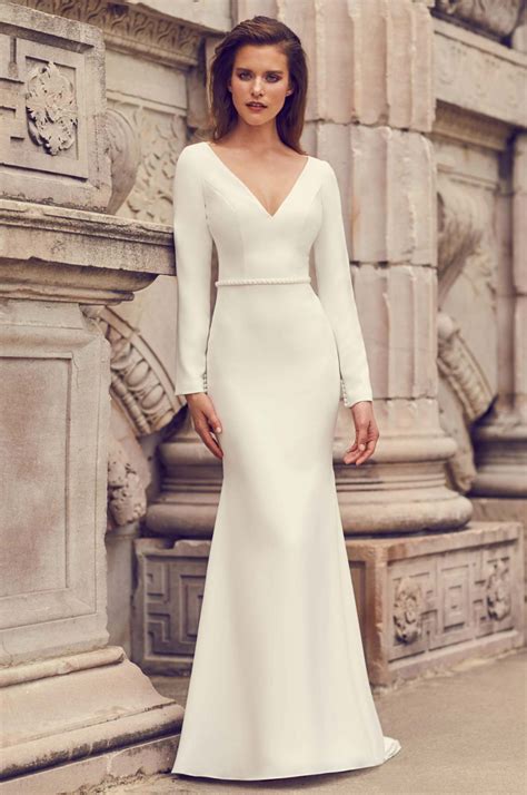 Long Sleeve Open Back Crepe Fit And Flare Wedding Dress In Elegant Long Sleeve Wedding