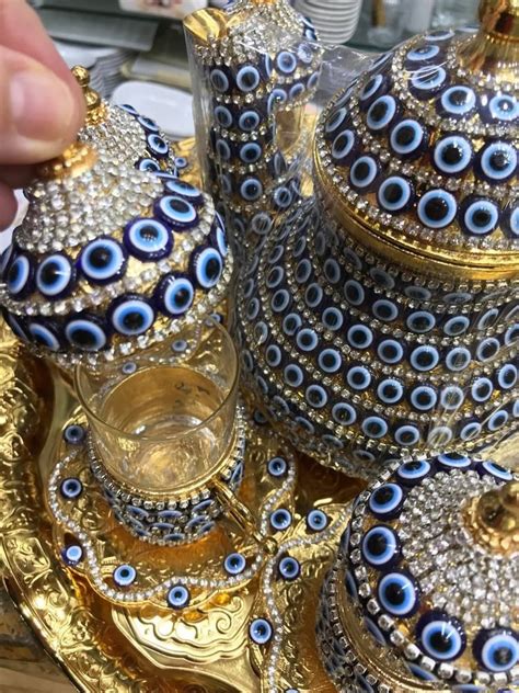 28 PC Handmade Turkish Arabic Coffee Cup Saucer Evil Eye Decorated