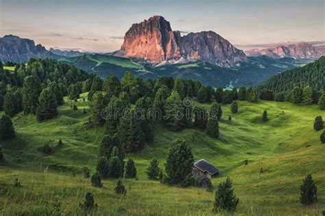 Beautiful Italian Mountains Dolomites Landscape With Meadow And Forest
