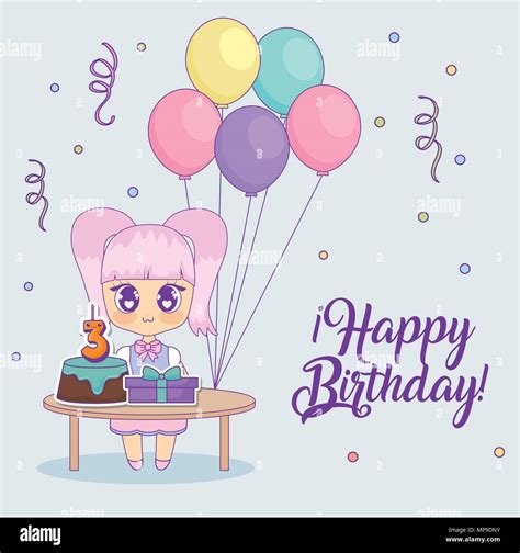 Happy Birthday Design With Kawaii Anime Girl With Table With Cakes And