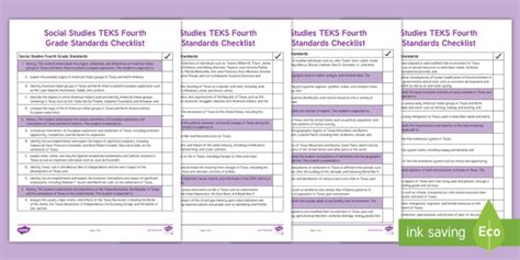 Social Studies Teks Fourth Grade Standards Checklist