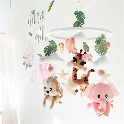 Baby Girl Mobile Safari Personalized Hanging Nursery Decor With Jungle