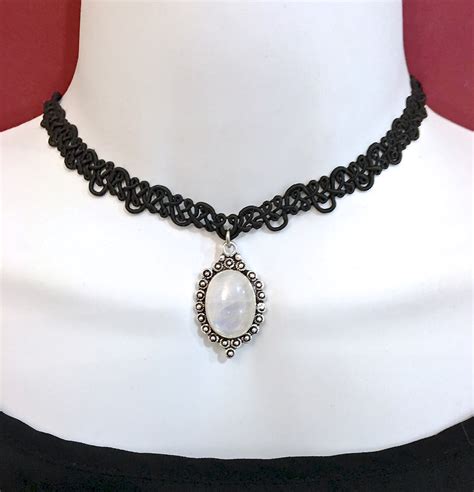 Moonstone Healing Crystal Black Silver Reiki Choker Gemstone Necklace