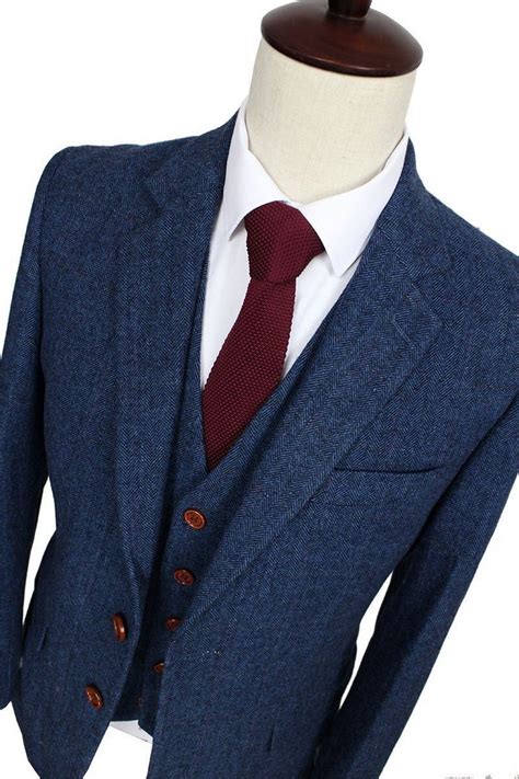 Men 3 Piece Wool Suit Blue Herringbone Tailor Made Suit Tailor Made