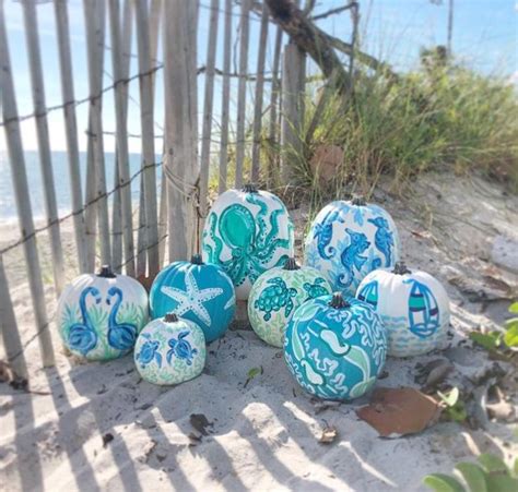 Blue Coastal Pumpkins Etsy Pumpkin Decorating Pumpkin Halloween