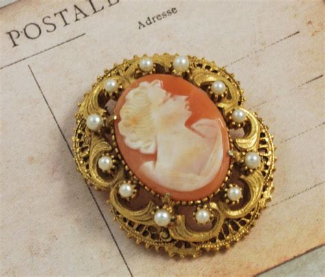 Vintage Cameo Pin Brooch With Pearls Signed Florenza Etsy