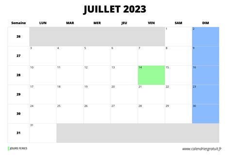 Calendrier De Juillet 2023 à Imprimer