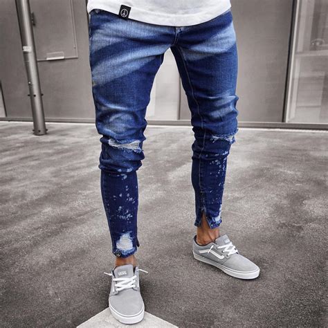 Buy Fashion Denim Pencil Pant Men Ripped Hole Zipper Jeans Casual Stretch Skinny Jeans At