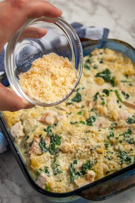 Combine all ingredients except chicken in saucepan and simmer about 10 minutes. Chicken & Spinach Spaghetti Squash Bake | Nutrition to Fit