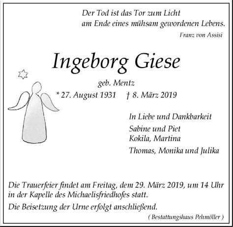 Traueranzeigen Von Ingeborg Giese Trauer Lüneburgde