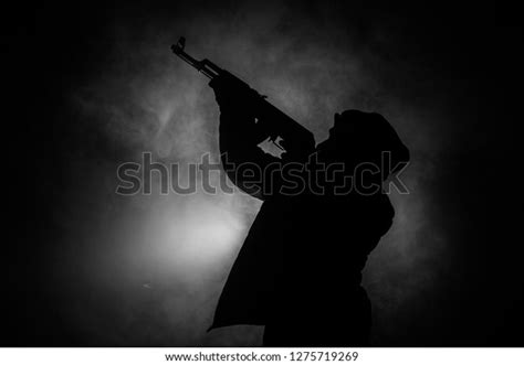 Silhouette Man Assault Rifle Ready Attack Stock Photo 1275719269