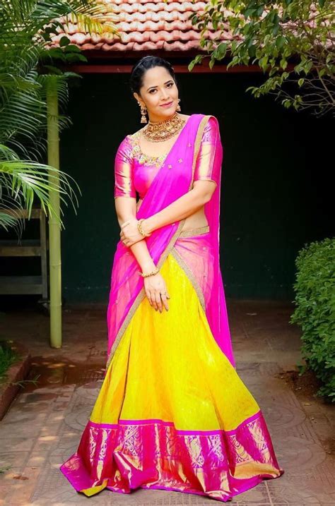 Anasuya Bharadwaj Half Saree Designs Pink Half Sarees Half Saree Lehenga