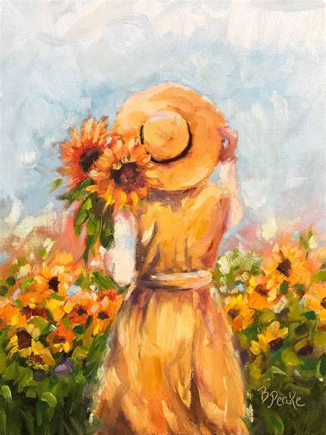 Original oil painting/woman in field of sunflowers/11x14 | Etsy