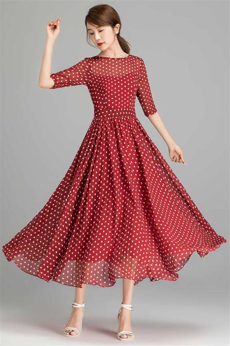 Polka Dot Maxi Dress Fit And Flare Chiffon Dress Red Dress Etsy