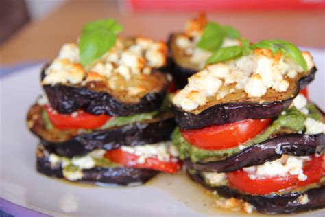 Grilled Eggplant Stacks With Tomato Basil Pesto And Feta Divalicious