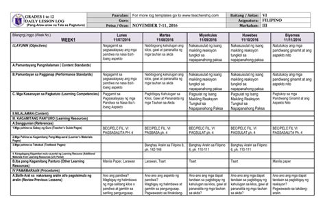 Grade 6 Dll Filipino 6 Q4 Week 5 Grades 1 To 12 Daily Lesson Log