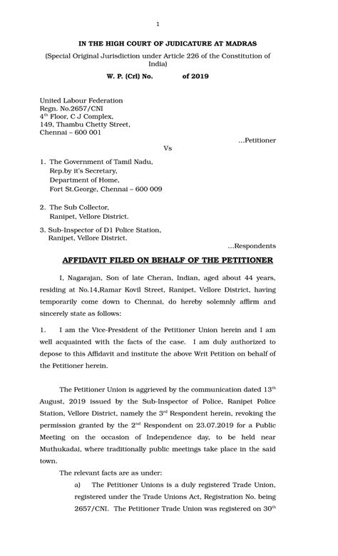 Writ Petition Format In The High Court Of Judicature At Madras