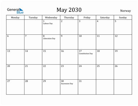 May 2030 Norway Monthly Calendar With Holidays