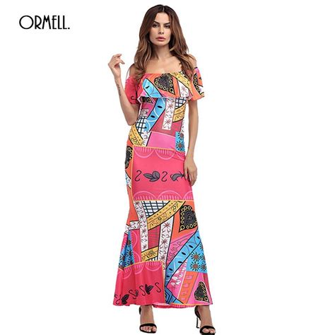 Ormell New Women Off The Shoulder Maxi Dress Woman Fashion Printed Vestidos 2017 Summer Female