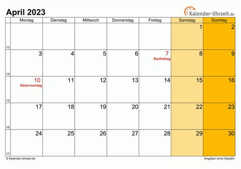 April 2023 Kalender Mit Feiertagen