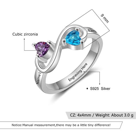 Personalized 925 Sterling Silver Infinity Ring Custom Heart Birthstone