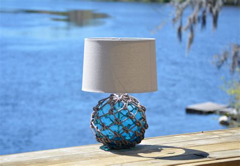 Aqua Glass Fishing Float Lamp With Gray Lamp Shade Etsy
