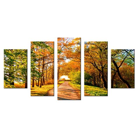 5 Piece Contemporary Wall Art Canvas Autumn Trees And Forest Paths