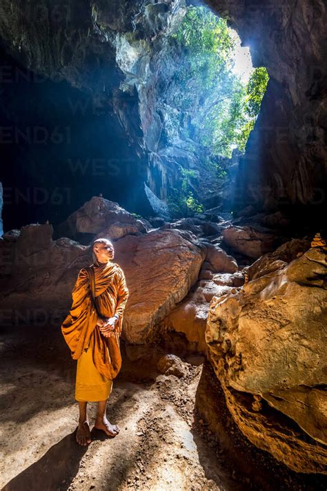 Buddhist Monk Standing In Saddan Cave Hpa An Kayin State Myanmar