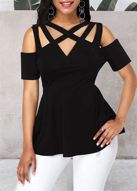 cold shoulder peplum waist black blouse sobueaty black blouse trendy tops for women trendy