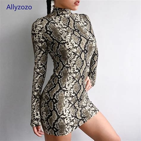Sexy Snake Dresses For Women High Turtleneck Long Sleeve Bodycon