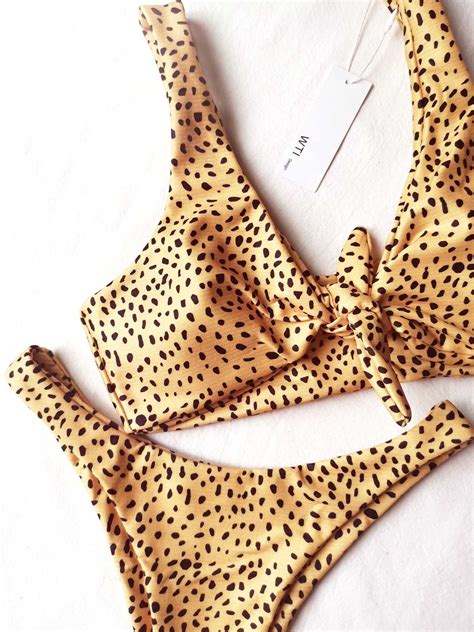 Ribbed Leopard Print Knot Front Tie Up Bikini Set Wti Design
