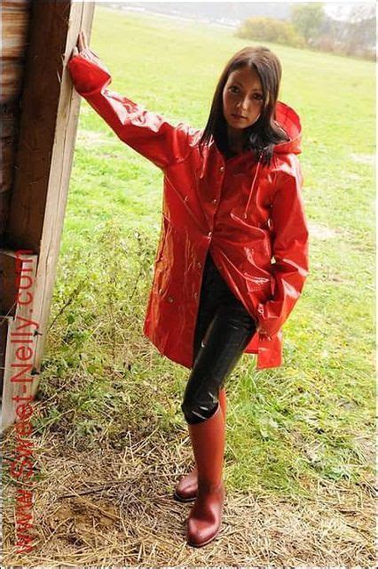 Red Pvc Hooded Raincoat And Red Rubber Boots Rainwear Girl Rainy Day Fashion Rain Wear