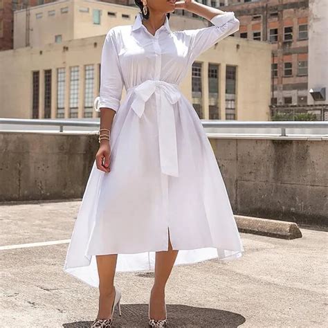 Long Sleeve White Shirt Dress Women Fashion Turn Down Collar Button Up