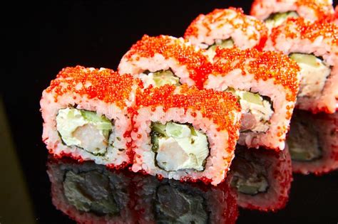 Traditional Sushi Roll With Shrimp Cream Cheese Caviar And Cucumber