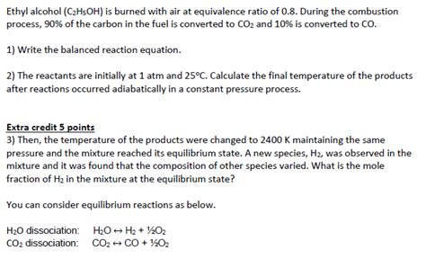 Solved Ethyl Alcohol C H Oh Is Burned With Air At Chegg