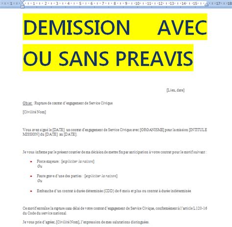 Lettre Demission Sans Preavis Word Doc Cours Génie Civil Outils