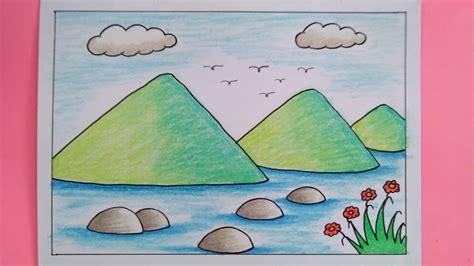 menggambar gunung  sawah gambar pemandangan gunung  sawah